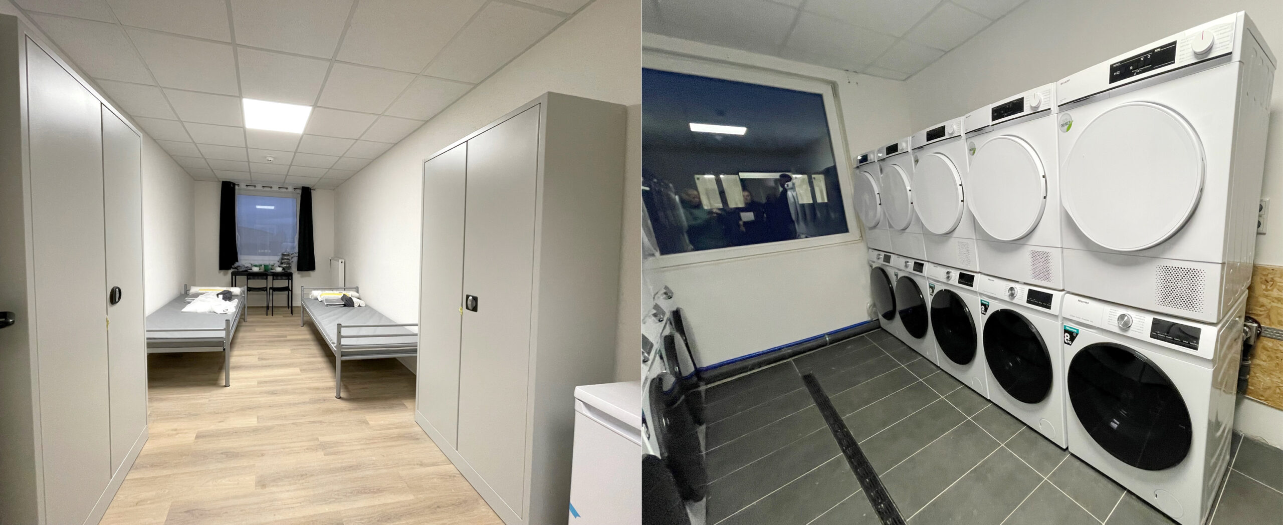 Blick in eine Wohneinheit und in eine Waschküche der Gemeinschaftsunterkunft für Geflüchtete in Roßdorf